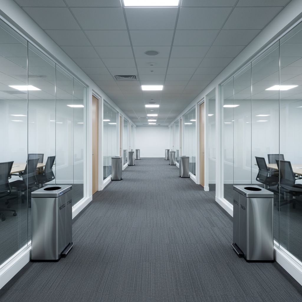 Immaculate open-plan office hallway maintained by a commercial janitorial service
