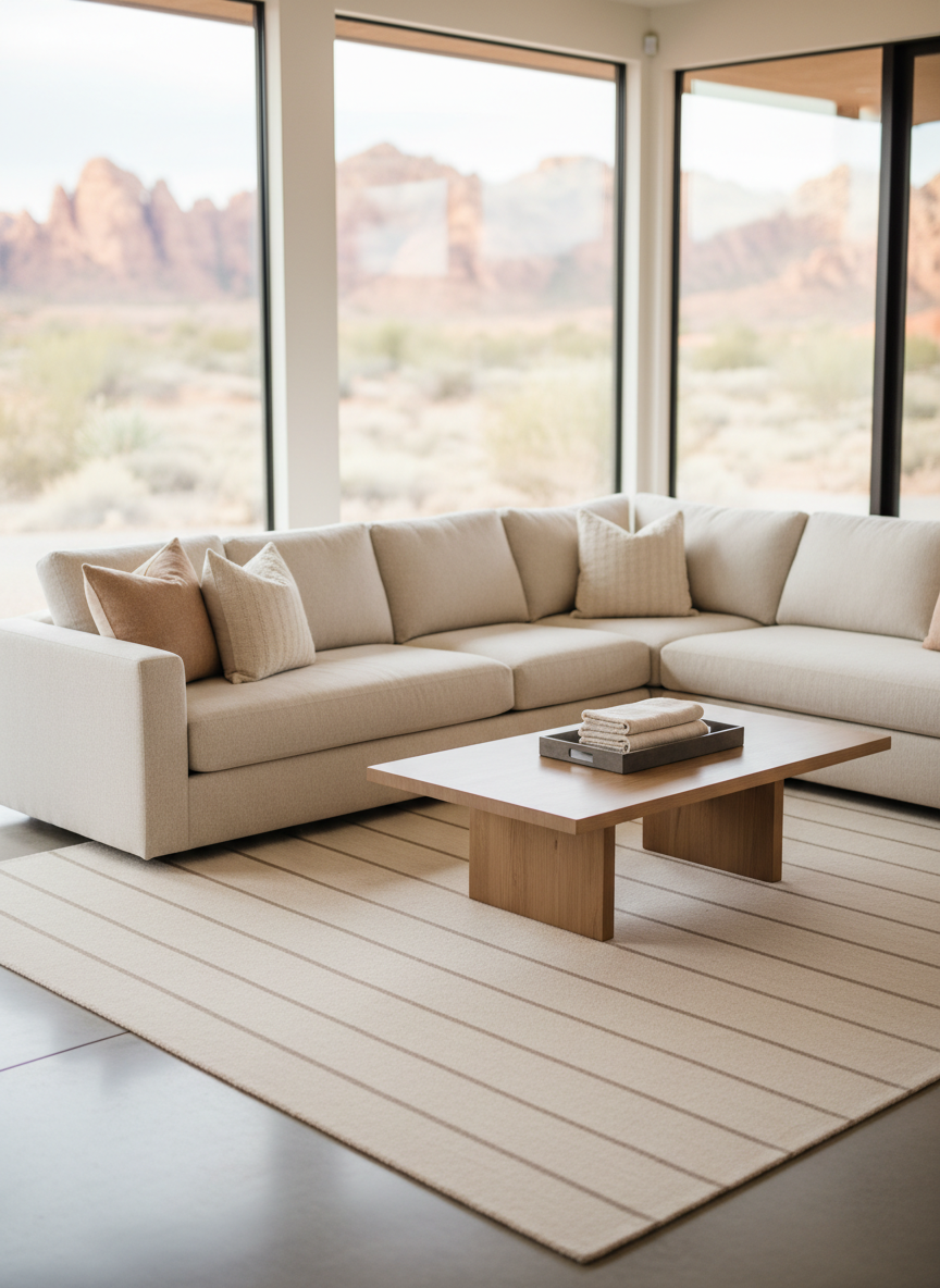 A serene, freshly cleaned residential living room with a pale beige sectional sofa and spotless surfaces in Southern Utah