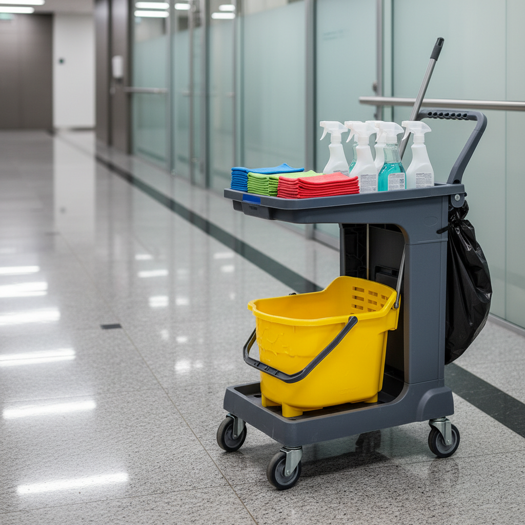 A close-up, photographic view of a professional janitorial cleaning cart parked beside a spotless corridor in a premium commercial building. The cart features neatly organized, color-coded microfiber cloths, sealed spray bottles, and a closed yellow mop bucket, all appearing new and well-maintained. The corridor floor, a polished stone or vinyl, reflects soft overhead lighting in clean, undisturbed bands. Subtle reflections and crisp edges show no streaks or debris. Shot at eye level with a slight three-quarter angle on the cart, background gently blurred to keep attention on the tools of the trade. The atmosphere is meticulous, reliable, and detail-focused, emphasizing trustworthiness and high standards of cleanliness.